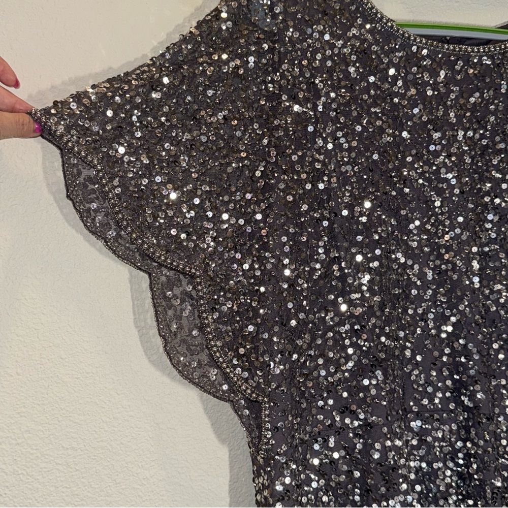 Adrianna Papell 18W Plus Gunmetal Sequin Sheath Midi Dress scalloped edges - Picture 4 of 16